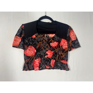 90s Vintage Floral Peplum Cropped Blouse Womens Medium Black Pink